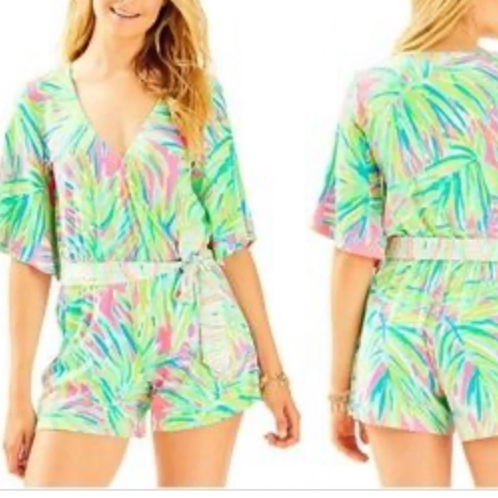 Lilly Pulitzer Madilyn Shorts Romper in Tiki Pink and Green. Small. - Picture 9 of 9
